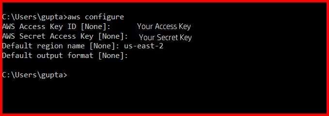 Picture showing the command prompt after aws cli is configured